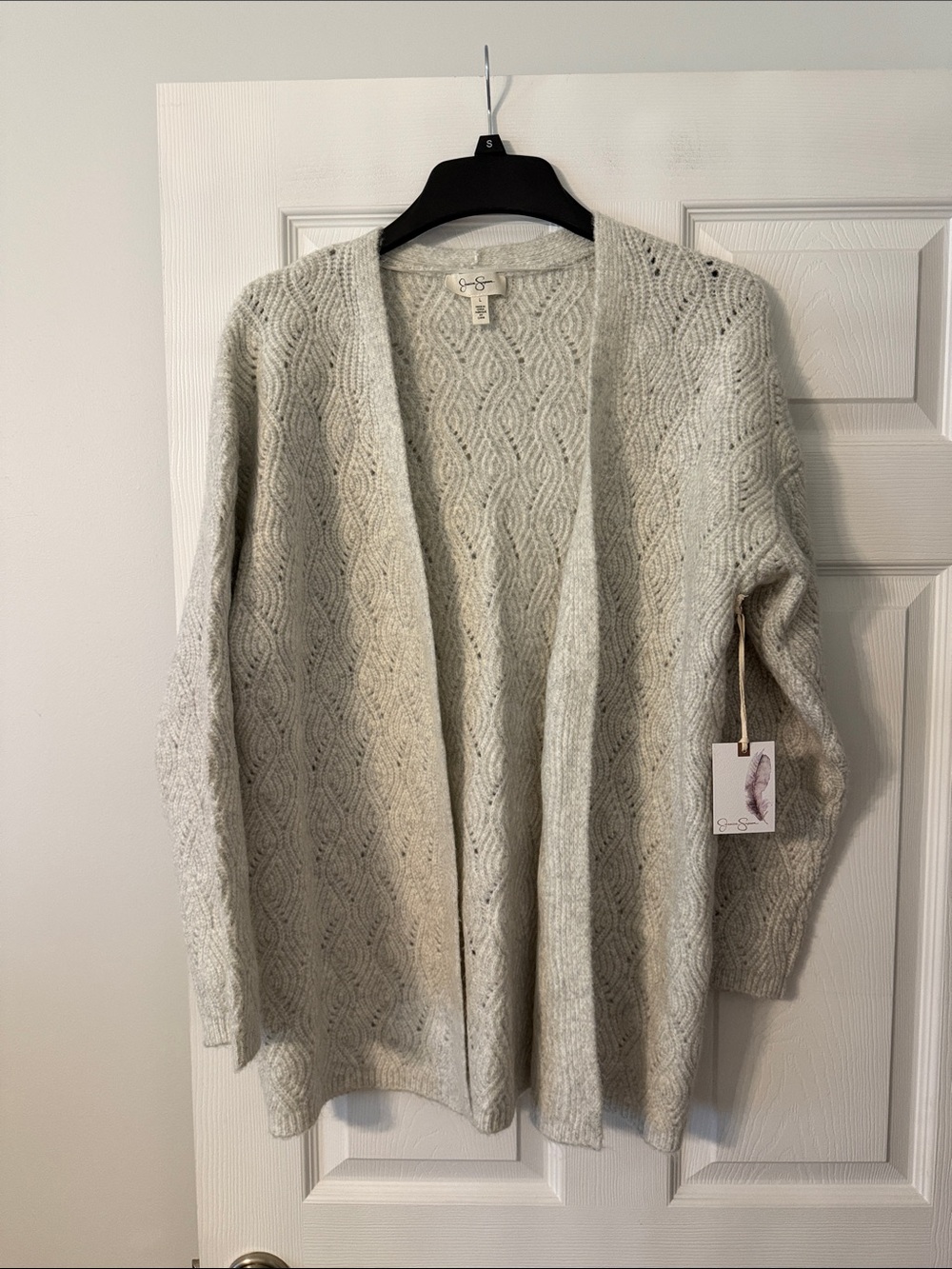 Jessica Simpson Light Gray Open-Front Cable Knit Cardigan size L length 30”